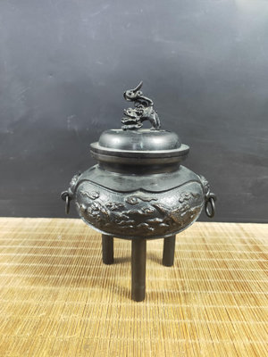x日本高崗銅器 鑄銅熏香爐三足爐高足爐 香爐 熏香 尺寸如圖全