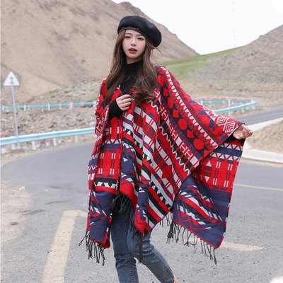 民族風連帽披肩雲南西藏新疆草原波西米亞加厚旅遊斗篷圍巾披風女