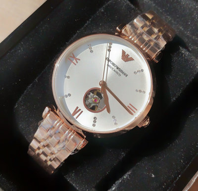 EMPORIO ARMANI 小鏤空白色錶盤 玫瑰金色不鏽鋼錶帶 女士 自動機械錶 AR60023