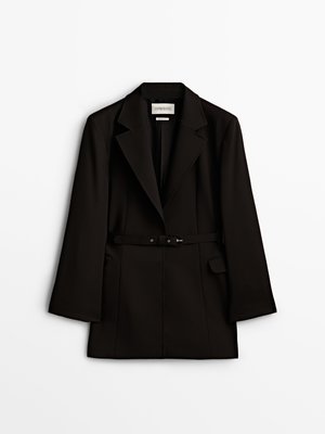 KIKI精選 Massimo Dutti女裝 2022秋季新品 黑色含腰帶羊毛通勤西裝外套女
