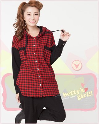 18【betty's 貝蒂思】格紋拼接抽繩連帽純棉外套(紅色)~F