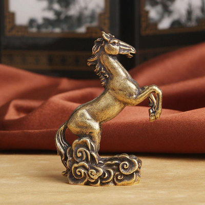 玖玖純黃銅馬踏祥云桌面擺件生肖馬銅雕工藝品馬到成功茶寵擺飾老銅器