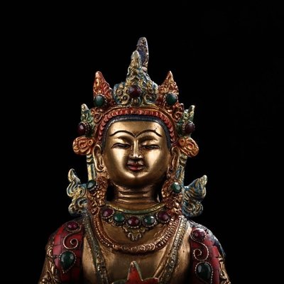 現貨熱銷-【紀念幣】舊藏西藏收老純銅鑲嵌寶石彩繪描金藏傳長壽佛佛像一尊
