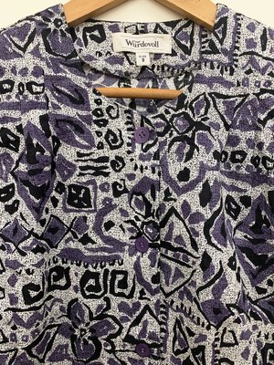 NANA 日本古著 100%純棉 壁畫圖騰 圓領短袖花襯衫 日式藤煤竹灰紫色
