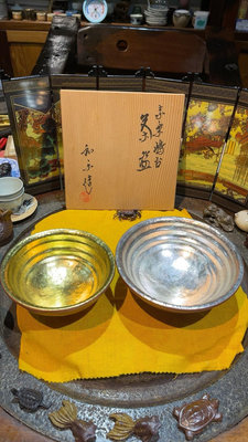 日本拍回 平安和樂造日本嶋臺茶碗一對日本赤樂燒金銀抹茶碗