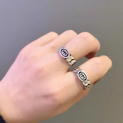 香港GUCCI古馳飾品黑色琺瑯戒指雙面寬版鏤空情侶尺寸6- NO66103