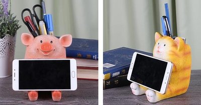 4320A 歐式小豬小貓手機座筆筒 多功能筆筒帶手機架 可愛動物手機支架桌面收納擺飾禮物