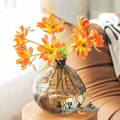 花瓶茉澈輕奢高級感法式小眾冷紋玻璃花瓶透明插花可水養客廳餐桌擺件花器