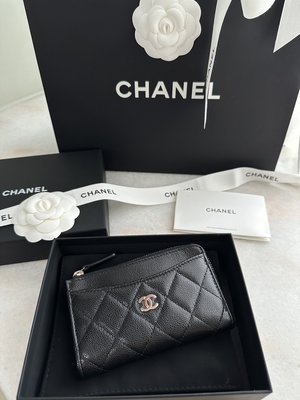 全新現貨 Chanel L型 黑色荔枝皮金釦 拉鍊零錢包 卡包