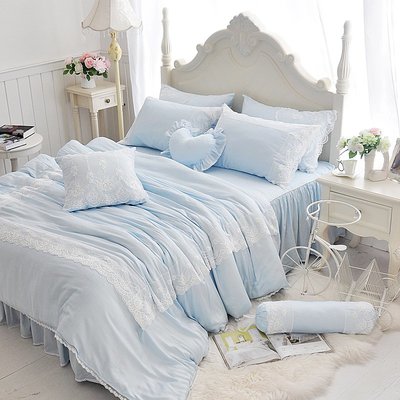天絲床罩 標準雙人床罩 公主風床罩 約定 藍色 蕾絲床罩 結婚床罩 床裙組 荷葉邊 100%天絲 tencel 佛你