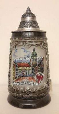 【波賽頓-歐洲古董拍賣】歐洲/西洋古董 德國早期 19世紀 陶瓷城市圖騰大型啤酒杯(22×12x10cm)