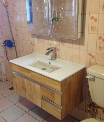 FUO衛浴: 90公分隱藏式把手 原木色 浴櫃組(含鏡子,邊櫃,龍頭) 2053K-90 特價 一組!