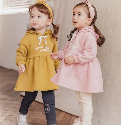 ✽2019冬裝新品✽韓國Bebezoo女童字母小兔花邊連帽棉絨長版上衣