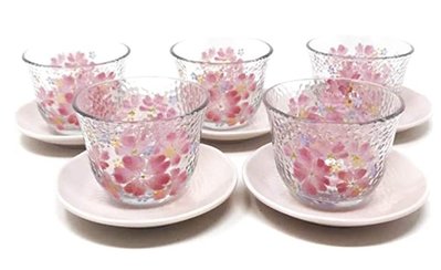 11637A 日本製造 好品質 櫻花玻璃杯茶托五入組 日式和風彩繪粉櫻茶碗茶杯套裝陶器下午喝茶杯擺件禮品