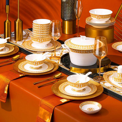 吃飯碗盤組合碗碟套裝家用碗筷盤子景德鎮陶瓷愛馬仕餐具金邊骨瓷