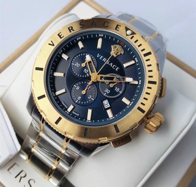 VERSACE Casual 藍色錶盤 金色配銀色不鏽鋼錶帶 石英 三眼計時 男士手錶 VERG00618 凡賽斯腕錶