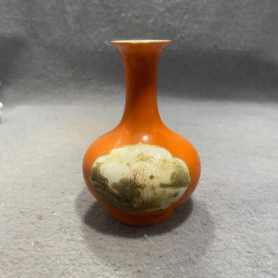 民國時期珊瑚紅釉開窗粉彩山水花瓶 古玩古董瓷器收藏擺件
