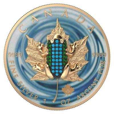 【海寧潮期貨】加拿大2023年楓葉系列鑲嵌寶石迷陣蛙鍍金銀幣