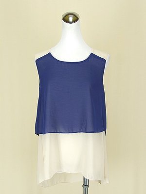 靛藍圓領無袖假兩件雪紡紗洋裝連身裙長版M號(54944)
