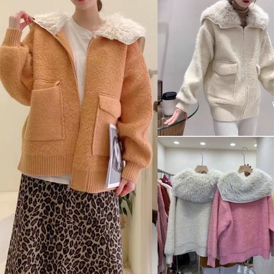 韓國設計 厚實羊羔毛拼接毛領針織保暖羊毛外套
