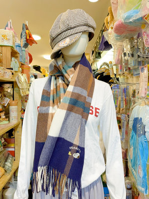 日本Peanuts snoopy 史努比刺繡大圍巾/披肩雙面造型 格陵米藍款