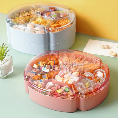 現貨桌面收納雙層糖果盒干果盤家用簡約透明喜慶果盤分格帶蓋糖果盒