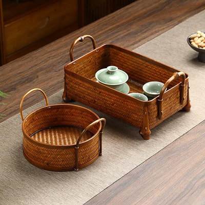 竹編大漆提籃復古中式茶具收納盒整理置物筐桌面圓形水果籃點心籃
