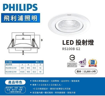 台北市樂利照明 PHILIPS飛利浦 RS100B G2 9W 9公分 LED崁燈 投射型 白光/黃光/自然光