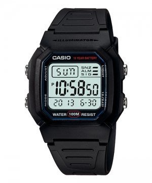 CASIO WATCH 卡西歐10年電池勁黑酷炫淺白面藍邊數位電子矽膠帶運動腕錶 型號：W-800H-1A【神梭鐘錶】