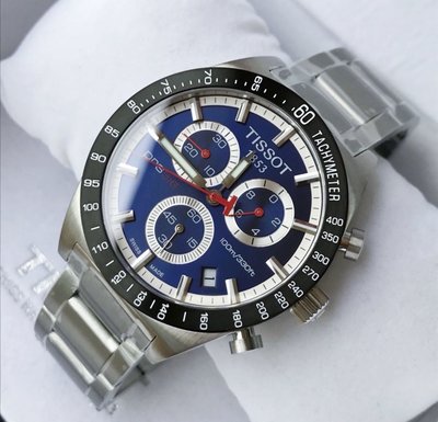 TISSOT PRS516 藍色錶盤 銀色不鏽鋼錶帶 石英 三眼計時 男士手錶 T0444172104100 天梭腕錶