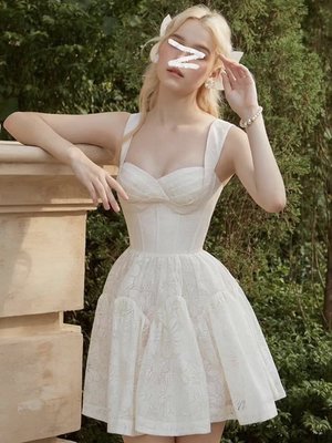 ♥ 裁縫師公主 ♥法式白色蕾絲吊帶短款連衣裙女
