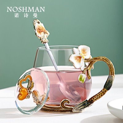 琺瑯彩水杯家用高顏值玻璃杯女辦公室個性花茶杯創意帶 促銷