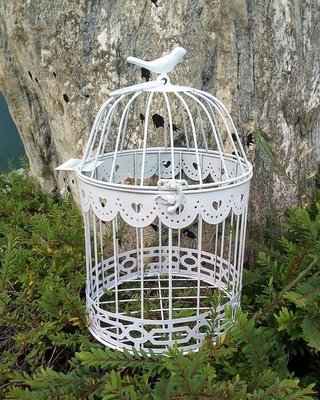 【浪漫349】 小款價  白色小鳥鐵鳥籠 圓形 愛心蕾絲邊 婚禮佈置園藝造景擺飾