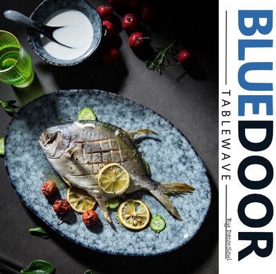 BlueD_  陶瓷 14吋 大理石紋 魚盤 橢圓盤 長盤 復古 不規則 大款 波紋 北歐風 創意 質感 設計 裝潢廚房