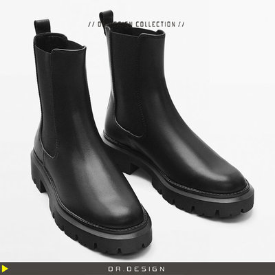 ►DR.DESIGN│DR33457-高級感歐美時髦經典  ZARA最愛 舒適真皮 休閒套筒 厚底 黑色 切爾西靴 短靴