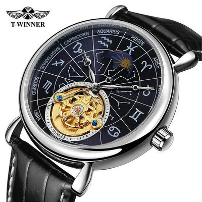 現貨男士手錶腕錶新款 winner 歐美風范男士時尚復古星座飛輪腕錶 自動機械手錶