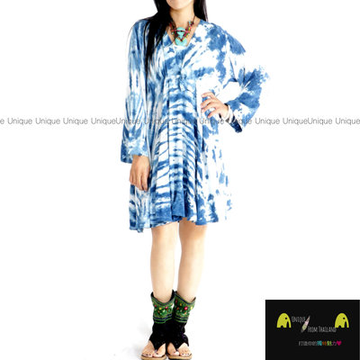 Unic＠泰國進口洋裝TD386『只有一件＿藍染100%純棉V領＿長袖洋裝＿高腰拉繩傘擺洋裝』異國風 超顯瘦