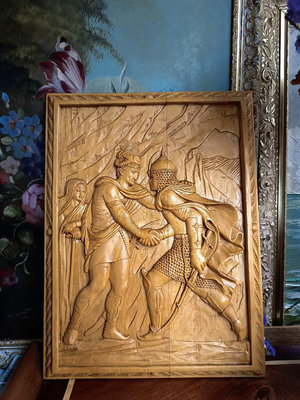 英格蘭手工木雕浮雕裝飾畫 vintage 中古