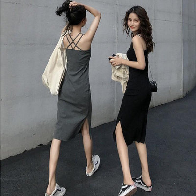 【X-style】韓版開叉氣質顯瘦吊帶洋裝 連衣裙 連身裙 女裝 裙裝 無袖洋裝【6790】