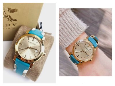 BURBERRY 金色錶盤 藍色皮革帆布錶帶 石英 女士手錶 BU9112