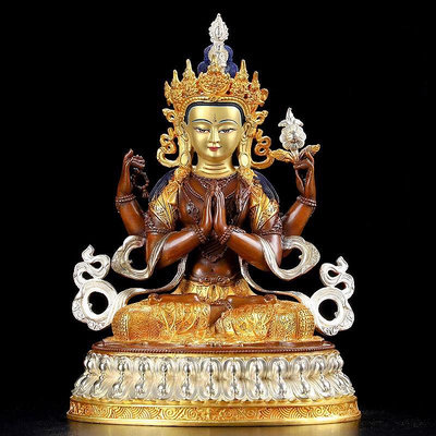 星星館 10寸純銅四臂觀音擺件西藏密宗觀音佛像古色鎏金鎏銀觀音佛像擺件fhy