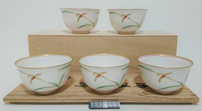 日本 香蘭社 茶碗 茶杯 白底 綠葉 金蘭花 金口 5入 木盒裝 1800333