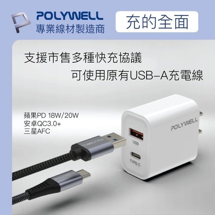 【珍愛頌】寶利威爾 PD雙孔快充頭 20W 充電頭 充電器 豆腐頭 蘋果iPhone 安卓Type-C POLYWELL