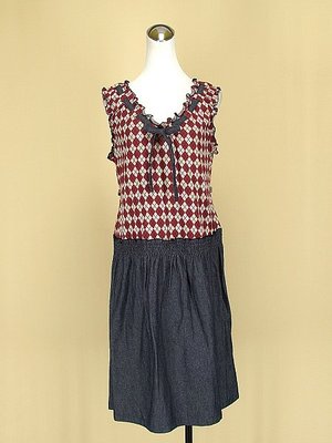 貞新二手衣 ohoh-mini 歐歐咪妮 紅色格菱紋V領無袖棉質牛仔洋裝孕婦裝 M號(39066)
