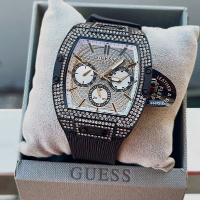 GUESS Phoneix 酒桶型密鑲水晶錶盤 黑色矽膠錶帶 石英 男士手錶 GW0048G1