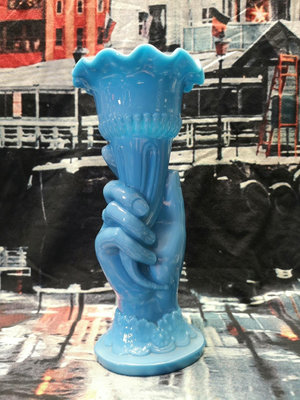 【中古西洋】 稀有藍色奶玻璃手持花瓶