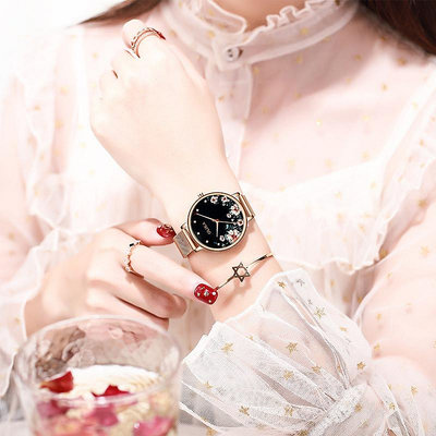 腕錶禮物時尚休閒時尚手錶女防水精鋼網帶小清新石英錶女山茶花女士手錶
