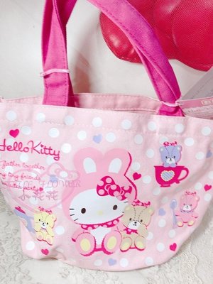 ♥小花凱蒂日本精品♥Hello Kitty凱蒂貓 粉紅色蝴蝶結兔子裝小熊馬克杯圖案手提袋手提包肩背包-90106309