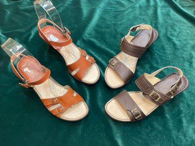 三輝皮鞋台灣製羊皮皮帶釦中低跟涼鞋，棕色/深咖啡，零碼特價現貨MIT
