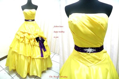 【時尚屋婚紗禮服】大尺碼~黃色露肩水鑽柔緞設計師華麗造型款《二手禮服》～Ｋ３４６(歡迎預約試穿)